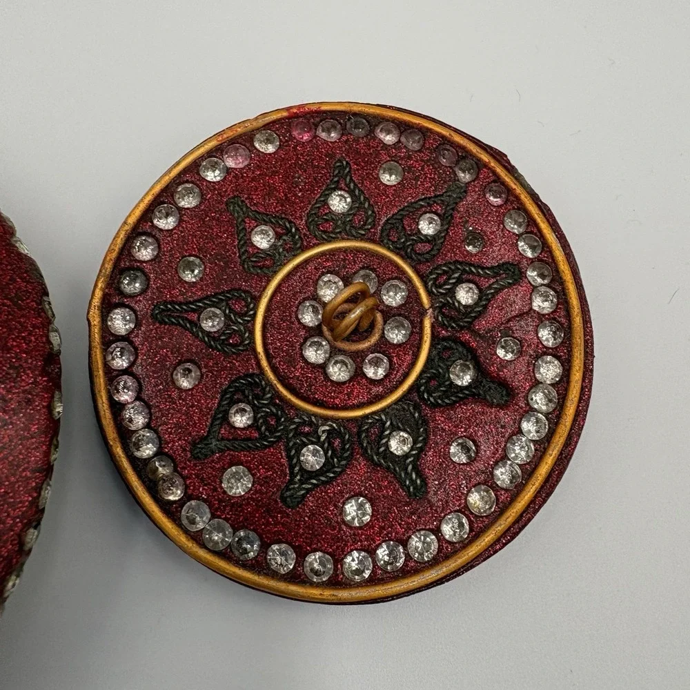 Burgundy Enamel Trinket Ring Box Metallic Fleck Finish Rhinestones Inlaid Hearts